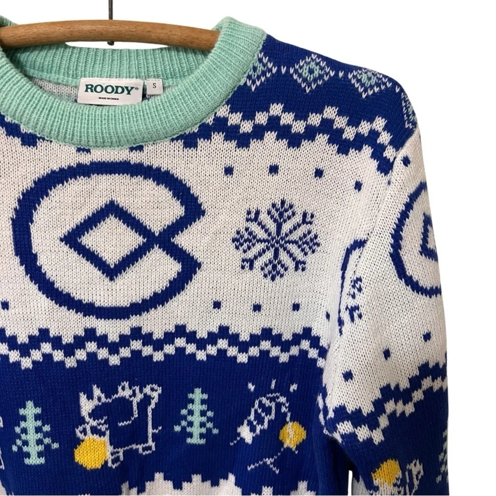Roody Ugly Christmas Holiday Men's size Small Blue white Knit Sweater Snowflake
